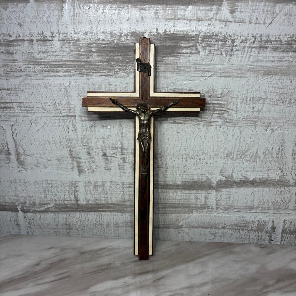 Handcrafted Two Tone Wood Wall Crucifix with Metal Corpus